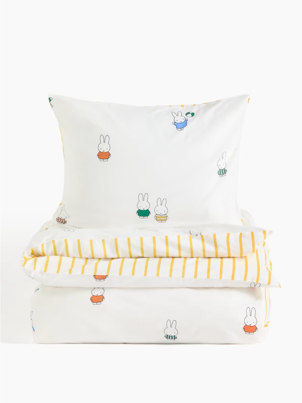 Twin size Miffy white Duvet Cover w/Yellow Stripes and Multicolor Bunny Motifs